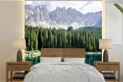 Produktbild von MuchoWow® Fototapete für Wohnzimmer oder Schlafzimmer Wandtapete Vinyl Motivtapete Berge - Bäume - Wasser - 280x280 cm - Hintergrundbild