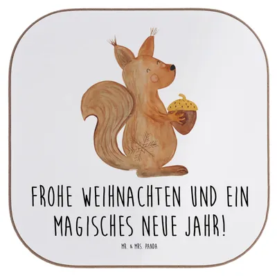 Produktbild von Mr. & Mrs. Panda Holzuntersetzer Eichhörnchen Weihnachten - Weiß - Geschenk, Tischuntersetzer, bieruntersetzer, Frohes Neues Jahr, Frohe, Weihnachtsgruß, Untersetzer Glas