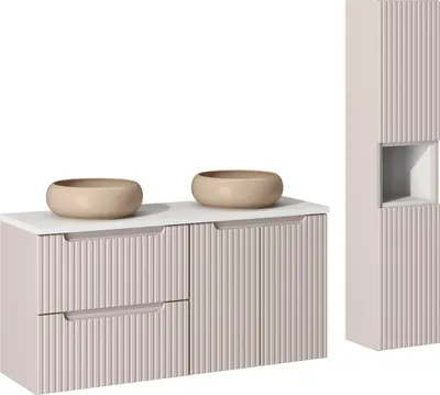 Image de Armoire De Salle De Bain 120 Cm Avec Plan De Travail Et Deux Lavabos Beiges + Colonne
