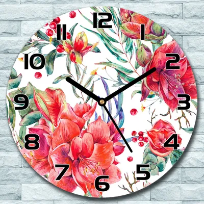 Produktbild von Wanduhr aus Glas Rund fi 30 Blumen Tropisch bunt Quarz Deko Schlafzimmer Büro