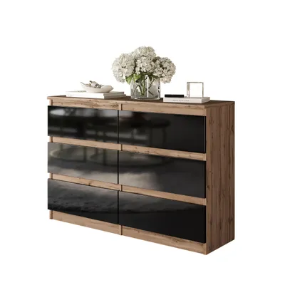 Produktbild von Kommode Gabriel 6 Schubladen – Eiche Wotan / Schwarz Hochglanz 100 cm, elegant und funktional