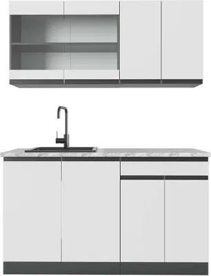 Produktbild von Singleküche Vicco R-Line Weiß 140 cm  J-Shape, AP Marmor, Model 43069