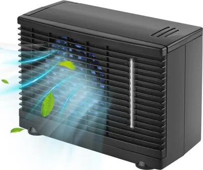 A black portable air cooler with blue air flow graphics and green leaves.