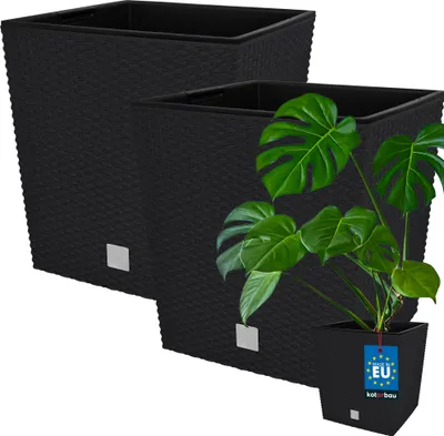 Image de KOTARBAU® Set de 2 pots de fleurs 64 L Anthracite Cache-pot en plastique avec pot intérieur Set de pots de fleurs comme le rotin Pot de plantes intérieur extérieur