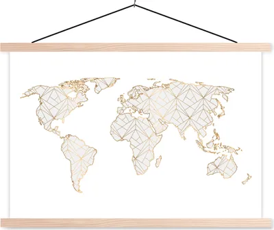 Produktbild von MuchoWow® Textilposter Weltkarte - Gold - Grau - Kinder - Jungen - Mädchen 120x80 cm mit holzfarbenen Rahmen - Aufhängeset