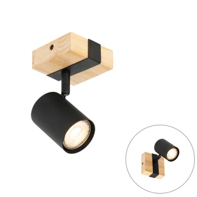 Produktbild von QAZQA - Modern Moderner Spot in Schwarz mit Holz, verstellbar, quadratisch – Jeana I Wohnzimmer I Schlafzimmer - Stahl Quadratisch - LED geeignet GU10