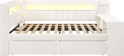 Produktbild von okwish Schlafsofa 140x200 Tagesbett Jugendbett mit 2 Schubladen und LED,Doppelbett Daybett mit USB-Anschluss und Schreibtischdesign,Weiß (ohne Matratze)