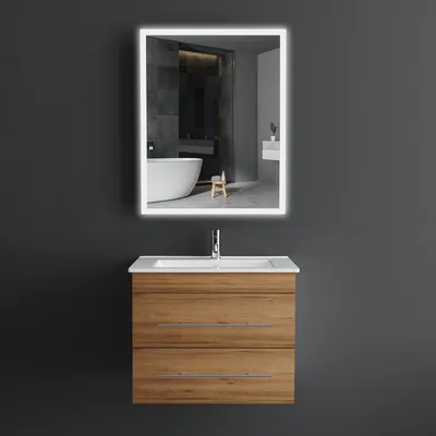 Produktbild von Alpenberger Waschbecken mit Unterschrank | Badezimmer Set 60 cm | Waschbecken mit Unterschrank und Spiegel | Badezimmerschrank mit Badspiegel | Badezimmerspiegel mit Touch-On-Off-Funktion | 2 Schubladen