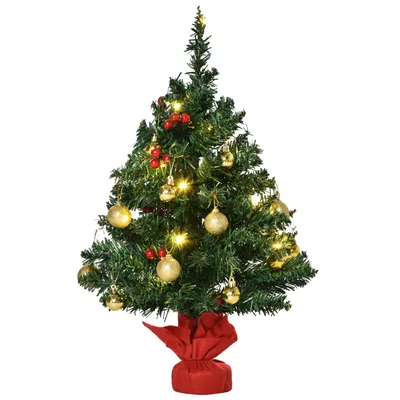 Produktbild von Weihnachtsbaum klein, Mini Christbaum mit Stechpalmenbeeren, Kugeln & LED-Lichtern, Tischdeko grün PVC ∅40 x 60 cm