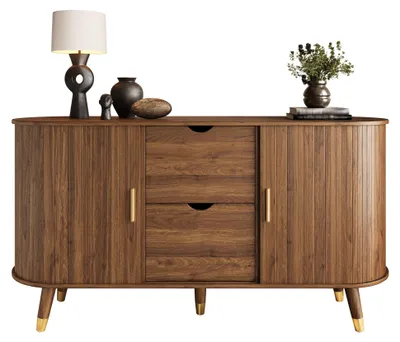 Produktbild von Sideboard mit vertikaler Maserung, zwei Schiebetüren, zwei Schubladen, Massivholzbeinen und abgerundetem Eckschrank für das Wohnzimmer