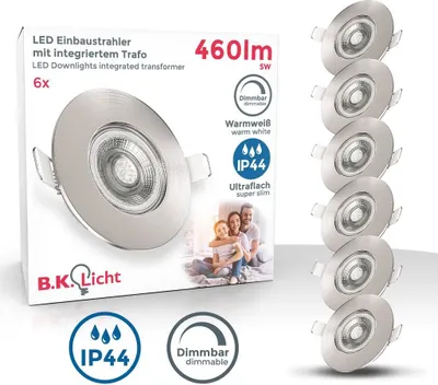 Produktbild von B.K.Licht LED Bad-Einbauleuchte Ø90mm 5W 480lm Warmweiß Nickel-matt 6er Set