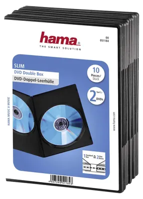 Zdjęcie produktu dla Hama DVD-ROM Slim Double Box - Slim Jewel Case do przechowywania DVD - Pojemność: 2 DVD - Czarny (opakowanie 10 szt.)