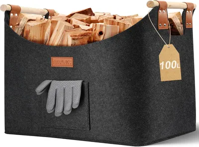 Image de Panier XXL pour bois de cheminée en feutre, avec double renforcement en cuir, dimensions 60 x 40 x 40 cm, capacité 100 litres, avec poche frontale, pliable