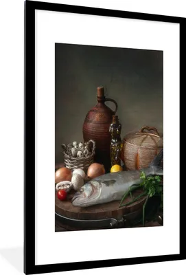 Produktbild von MuchoWow® Gerahmtes Poster Rustikal - Fisch - Stilleben - Gemüse - Kräuter 60x90 cm - Poster mit Schwarzem Bilderrahmen Wandposter Rahmen Foto Bilder - Dekoration - Wandposter Wohnzimmer - Hochwertig