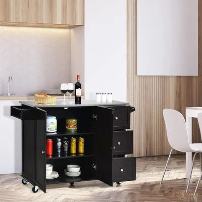 Immagine prodotto di Carrello da cucina in legno con 3 ripiani regolabili, vassoio in acciaio inossidabile e portaspezie