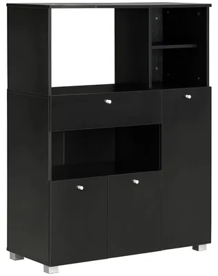 Obrázok produktu pre Polica na mikrovlnnú rúru – kuchynská skrinka s úložným priestorom – 2 dvierka – 4 priehradky – zásuvka – 90 x 40 x 120 cm – čierna