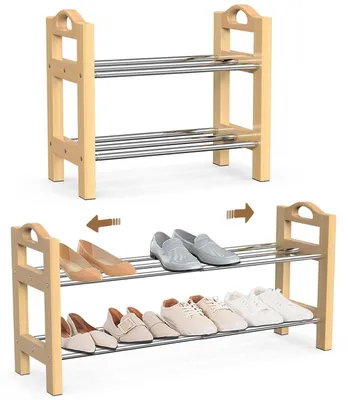 Immagine prodotto di Scaffale per scarpe a 2 ripiani, espandibile, in legno e metallo, stretto, da 42 a 78 cm, colore naturale
