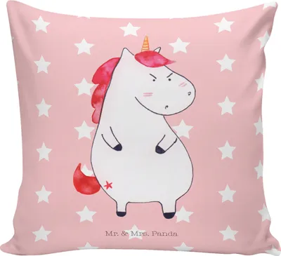 Produktbild von Mr. & Mrs. Panda Sofakissen Einhorn Wut - Rot Pastell - Geschenk, Kuschel Kissen, Einhörner, Dekokissen Sofa, Deko, wütend, Unicorn, Büro, 40x40, Arbeit, Weiches