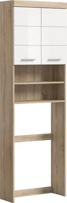 Produktbild von Lambada Waschmaschinenschrank 2 Türen, 2 Schubladen, 3 Regale Weiß hochglanz, Eiche Nachbildung.