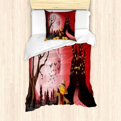 Produktbild von ABAKUHAUS Vogelscheuche Bettbezug Set, Halloween-Themen-Illustration mit Geistern Chateau in Scary Atmosphäre Pumpkins, 135 x 200 cm + 80 x 80 cm, Mehrfarbig