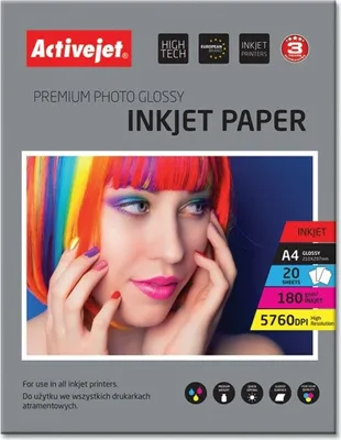 Image de Papier photo brillant Activejet AP4-180G20 ; pour imprimantes à jet d'encre ; format A4 ; paquet de 20 feuilles
