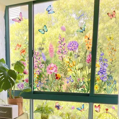 Produktbild von Fenstersticker Blumen & Schmetterlinge – Frühlings Fensteraufkleber Set 60x30 cm, Wiederverwendbare Fensterdeko für Wohnzimmer & Küche, H0735