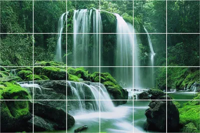 Produktbild von Fliesenaufkleber 20x20 cm – 24 Stück – Selbstklebend – Wasserfest – Pflegeleicht – Hitzebeständig – Für Küche & Bad – Ein Wasserfall in einem üppigen Dschungel
