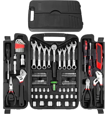 Produktbild von Werkzeugkoffer 95-teilig im stabilen Kunststoffkoffer, Werkzeugset mit Ratsche, Steckschlüsselsatz, Schraubendreher-Set, Rot
