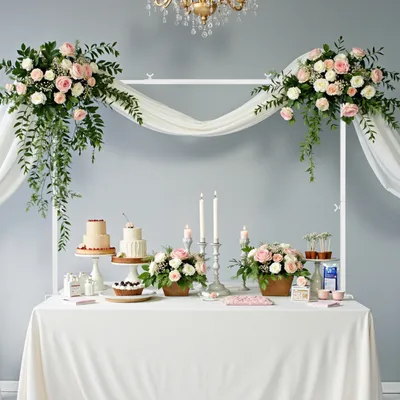 A table decorated with flowers, cakes, and candles, set up for an event.