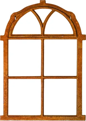 A rusty metal window frame with a decorative arched top and four panes.