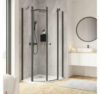 Produktbild von Runddusche mit Drehtür an Festteil SCHULTE Garant 2.0 90 x 90 cm Profil schwarz Klarglas Türanschlag links Türanschlag r