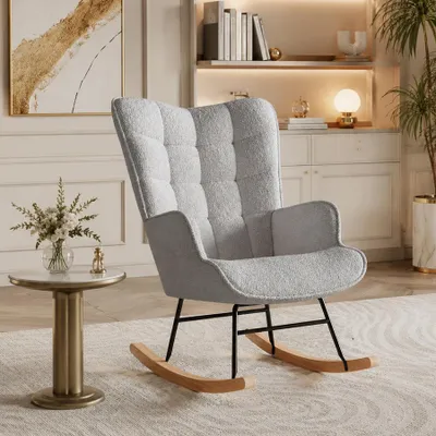 Immagine prodotto di Poltrona a dondolo INONEFT con schienale alto, poltrona a dondolo imbottita, poltrona relax moderna con schienale e braccioli imbottiti, rivestita in pile effetto peluche