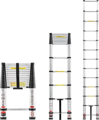 Produktbild von 3,8 m Teleskopleiter, leichte Mehrzweck-Klappleiter aus Aluminium, One-Touch-Einziehleiter, hohe Belastbarkeit von max. 150 kg mit rutschfesten Füßen, für Zuhause, Arbeiten im Freien, Dachboden