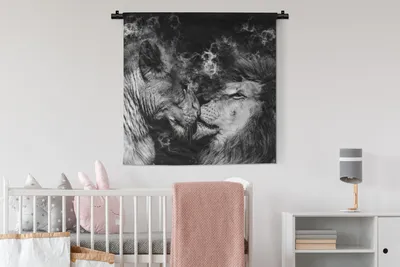 Produktbild von MuchoWow® Wandteppich Wandbehang Löwe - Rauch - Liebe - Schwarz - Weiß 90x90 cm Tapisserie Dekoration Wandtuch - Wandaufhänger