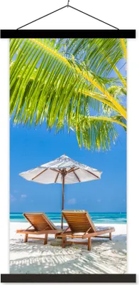 Produktbild von MuchoWow® Textilposter Palme - Strandkorb - Sonnenschirm 40x80 cm mit schwarzem Rahmen - Wandemalerei