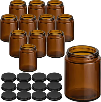 Produktbild von gouveo 12er Set Cremetiegel 150 ml aus Braunglas mit Schraub-Deckel schwarz-matt - Leere Cremedose zum Nachfüllen - Glasdose für Kosmetik oder Gewürze
