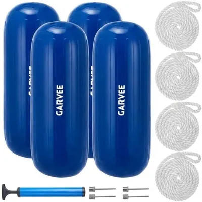 Immagine prodotto di Set di 4 paracolpi per imbarcazioni - 25,4 x 71,1 cm - Apertura centrale a rete - Corde e pompa per gonfiaggio - Blu