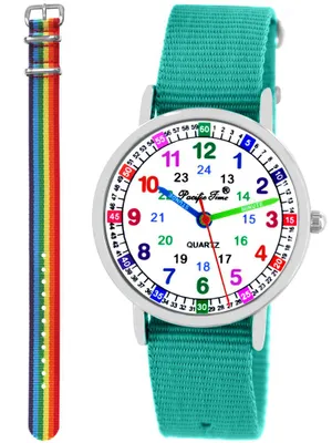 Produktbild von Kinder Armbanduhr Mädchen Jungen Lernuhr Kinderuhr 2 Armband türkis + Regenbogen