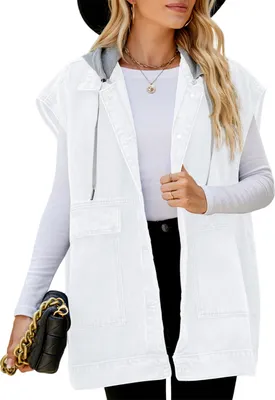 Produktbild von ASKSA Damen Jeansweste Kapuze aermellos Laessige Locker Elegante Jeansjacke Jacke Mantel, B Weiss, XL