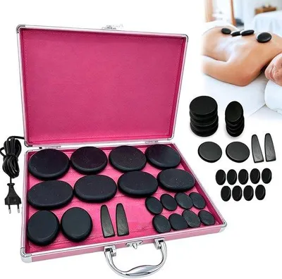 Produktbild von Hot Stone Massage Set 21 Stück - Basalt im Heizkoffer - tragbar - Entspannung und Wellness-Behandlung - ShopFlot