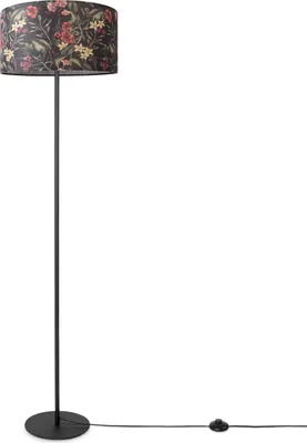 A floor lamp with a floral lampshade on a white background.