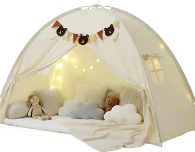 Produktbild von YEERSWAG Twin Bettzelt Kinderbett Baldachin Spielzelt mit Sternenlicht & Wimpeln Indoor Schlafzelt Privatsphäre 196×124×99cm, Beige