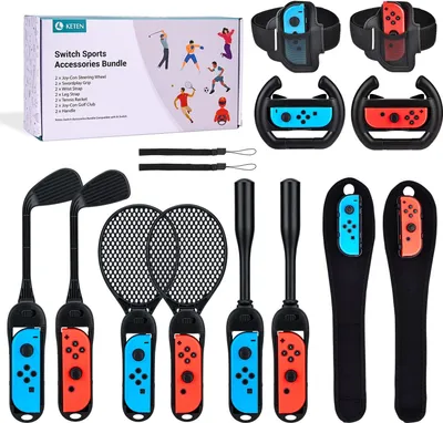 Produktbild von 14-in-1 NS Switch Sport Zubehör Bündel mit Tennisschläger, Switch Lenkrad, Glof Club, Switch J-Con Griff, Handgelenkriemen für Somatosensory Set