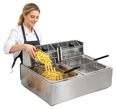 Zdjęcie produktu dla Profesjonalna frytkownica przemysłowa, pojemność 12 litrów, moc 3200W, zakres temperatur 60°C-200°C, podwójny system grzewczy, konstrukcja ze stali nierdzewnej