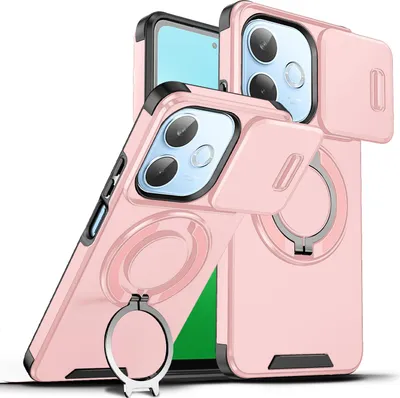 Image de Etui double couche pour Oppo A5 Pro, cache-appareil photo coulissant et anneau magnétique rose