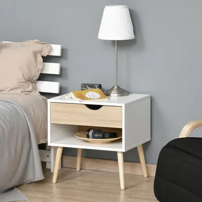 Produktbild von Sweiko Beistelltisch Nachttisch Flurkommode mit 1 Schubladen MDF Spanplatte Weiß+Eiche 50 x 39 x 51 cm