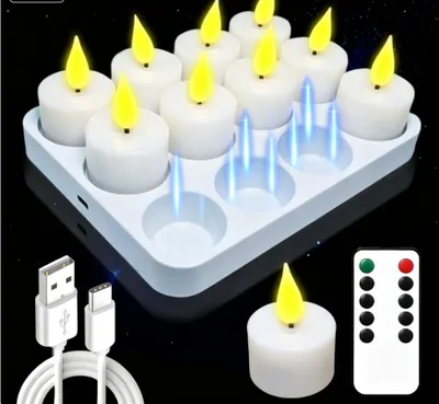 LED-Teelicht-Set, 12 Stück, Timer, 2 Lichteffekte, wiederaufladbar