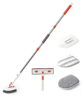 Image de INF Set de brosses de nettoyage - Ensemble Quatre : tige télescopique à trois sections avec 1 brosse rigide, 1 chiffon microfibre (avec support), 1 tampon à récurer et 1 raclette