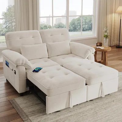 Produktbild von MODFU Zweisitzer-Sofa Modulares Sofa mit Kissen und USB‑Ladeanschluss Schlafsofa mit verstellbarer Rückenlehne 3-in-1 Loungesofa Beige