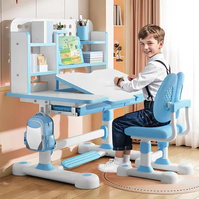 Produktbild von Upgraded Kinderschreibtisch,höhenverstellbar, Schüler-Schreibtisch und Stuhl, Kinderschule, Studiertisch mit Schubladenablagen, Bücherregal, Studienstuhl und Schreibtisch für Kinder (Blau F)